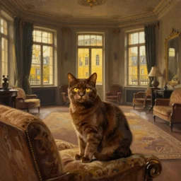brown cat with yellow eyes is sitting at sofa in a draw room at paris in early 2 0 th century. big room, high ceiling, high windows, atmospheric feeling, warm colours, brown colours, yellow colours, epic scene, cinematic, very detailed, hyperrealistic painting style