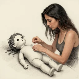 a sketch drawn, woman sticking needles into voodoo doll by gabo mendoza, trending on artstation