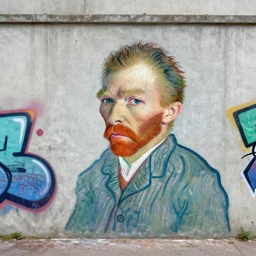 a realistic looking concrete wall in a city featuring a realistic graffiti painting of a vincent van gogh self - portrait