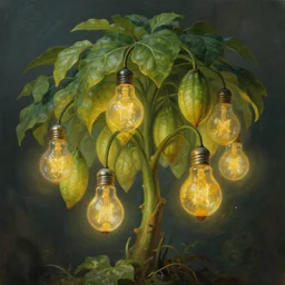 Fantasy painting of a plant that has light bulbs for fruit. 8k high resolution, extremely detailed.