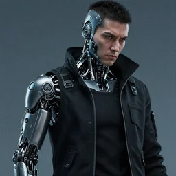 grainy photo of an male cyberpunk character wearing bionic implants, criminal,