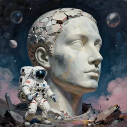 hyperrealistic surrealism, david friedrich, award winning masterpiece with incredible details, zhang kechun, a surreal vaporwave vaporwave vaporwave vaporwave vaporwave painting by thomas cole of a gigantic broken mannequin head sculpture in ruins, astronaut lost in liminal space, highly detailed, trending on artstation