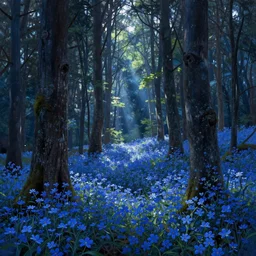 forest with flowers blue, Digital Matte painting by Dan Mumford, M.W Kaluta, thomas kinkade vivid