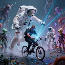 aphex twin djing on venus full laser shiw, extreme bikeh, hdr, dancing aphex twin bears in astronaut suits, mist, insane crowds of aliens, humans in space suits, and creatures, beautiful color theory, hyperrealistic