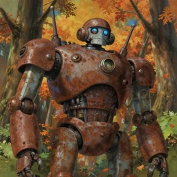 a low angle, from below, worms - eye - view film still of a big rusty dieselpunk robot sit in an autumn forest city, close up at the robot, trending on pixiv fanbox, vaporwave, painted by greg rutkowski makoto shinkai takashi takeuchi studio ghibli, aki