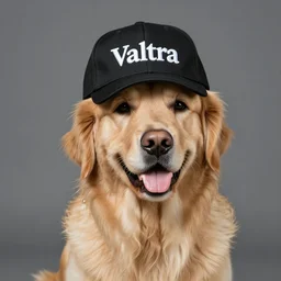 Golden retriever wearing a black caps with the word Valtra on it