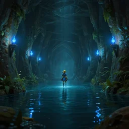 legend of zelda ocarina of time water temple, indoor shot, dimly lit, blue torches on the walls, ray - tracing, water reflections, vegetation, unreal engine, 4 k, cool color tone, desktop wallpaper