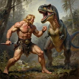 a realistic muscular blonde neanderthal man fighting dinosaur, painting