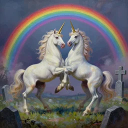 a beautiful detailed mate painting of unicorns dancing under a rainbow on a graveyard'by wayne barlowe, existential horror, trending on cgsociety artstation, highly detailed, 8 k, masterpiece, super resolution.