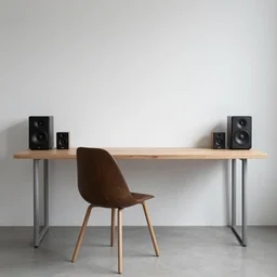 a room with a chair, a table and few speakers, unsplash, postminimalism, aesthetic