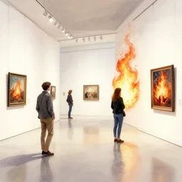 people at an art gallery on fire watercolor
