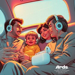 ad for airpods with family, from the 8 0's, retro futurism, high detail