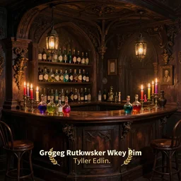 a matte painting gothic counter parlor with bottles of potions and flickering candles colorful by greg rutkowski, tyler edlin