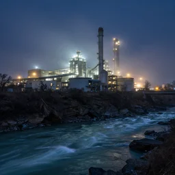 Cement factory in a misty night, next to river rapids on a cliffside, by Charles Sheeler and Ruxing Gao
