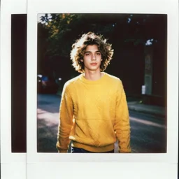 instax polaroid film photo of an attractive young man with messy medium length light brown hair and a yellow sweater walking away from the camera with a nail bat, zoomed out, warm, nostalgia, faded glow, expired film analog photography, grainy texturized dusty, saturated colorized
