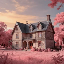 a beautiful very detailed highly detailed chattel house building by etel adnan, meadow magic realism infrared forest sunset, archdaily, wallpaper, highly detailed, trending on artstation.