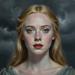 professional painting of Elle Fanning in the style of the movie Shape of Water, head and shoulders portrait, symmetrical facial features, smooth, sharp focus, illustration, intricate, stormy weather, extremely detailed masterpiece,