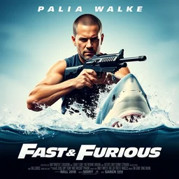 movie poster with titles, paul walker holds a machine gun, in fast and furious film, sexy, giant great white sharks teeth water splash,