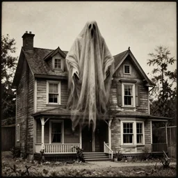 scary unproportionable tall ghost creature inside a house, 1900s picture