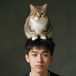 a photo of a young man with a cat sitting on top of his head