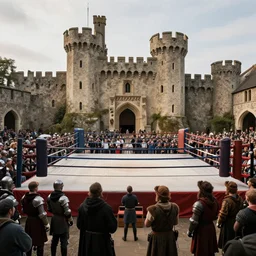 a boxing ring inside of a medieval castle, crowd of knights and jesters gathered around