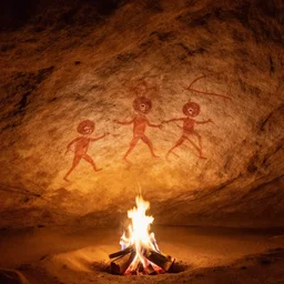 paleolithic cave painting, illuminated by fire