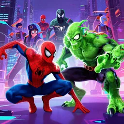a unstable diffusion, spiderverse, spider - man from multiple dimensions, fighting green goblin, metaverse, glitchy artwork, anime inspired, high quality,