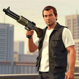 franklin from gta v holding a huge machine gun by greg rutkowski