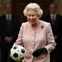queen elizabeth laughing while kicking a soccer ball,