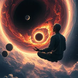 an ultradetailed illustration of an enlightened spaceman, drifting through a meditating, watching a star supernova in the background, blackhole consuming star, intricate detail, cinematic, 8 k, cel shaded, volumetric lighting, octane render, art by greg rutkowski and albert bierstadt, pixv