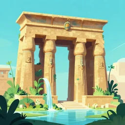 ancient egypt structure with plants and waterfalls, epic retrowave art, trending on art station