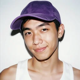 portrait of a student with an violet velour basecap, tank-top, freckles, small silver earring and a smirk on the cover of a gay magazine, analog photograph, iso 400, soft focus