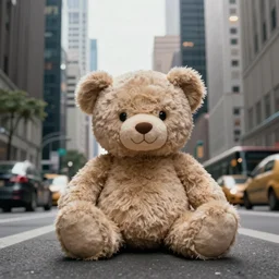 a cute teddybear sitting in the middle of a busy street with skyscrapers, low angle camera, cinematic, very detailed, 4 k, depth of field