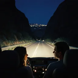 third person view a couple is the front seat of a car, she looks at him. headlights of the car illuminate a dark canyon road, night, in a distance the city lights, cinematic concept art, cinestill
