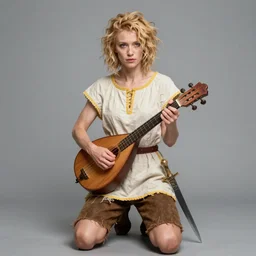 fantasy character, photograph. female bard 1 9. pretty face, julia garner, pale skin, shortish sandy - blonde hair, messy curls. petite, ectomorphic, wiry. plain, offwhite, shortsleeved tunic yellow trim. kneelength brown shorts. fancy cittern. hot mess, shabby unfeminine peasant clothing, fancy cittern, fancy dagger, extremely charismatic.