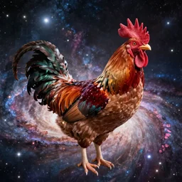 a giant rooster floating in space, galaxy cosmic nebula, epic, volumetric light, hyperrealistic, glitter, mega detailed, beautiful composition, beautiful lighting, unreal render, 4 k, vincent di fate, john berkey, michael whelan