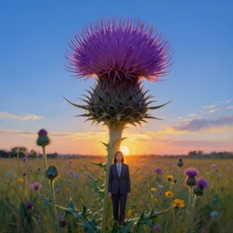 giant thistle head, girl in suit in field of flowers, surreal photography, sunrise, blue sky, dramatic light, impressionist painting, digital painting, artstation, simon stalenhag