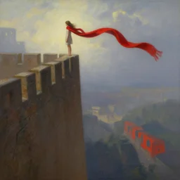 a young girl standing on top of an impossibly tall wall, looking down at what is on the other side. she wears a very long red scarf that trails down a long way. beautiful fantasy painting by artgerm and greg rutkowski and alphonse mucha