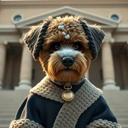 a closeup photorealistic illustration of a knitted bernedoodle wearing a justice gown and speaking to the courthouse. this 4 k hd image is trending on artstation, featured on behance, well - rendered, extra crisp, features intricate detail, epic composition and the style of unreal engine.