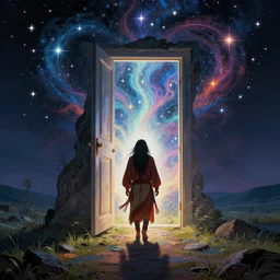 an indigenous shaman entering the world of dreams through a giant door full of light and surrounded by stars, beautiful colors, fantastic, surrealism, matte painting, by christophe vacher