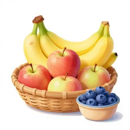 a basket of apples, a basket of bananas, a basket of blueberries