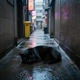 a rainy cyuberpunk neo tokyo alley with a black cat sleeping on the wet floor, photo, 4 k