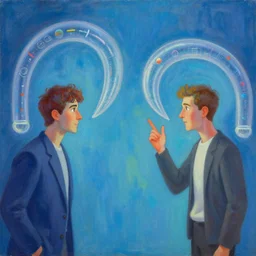 two characters trying to communicate with each other using quantum speaking tubes, a futuristic painting