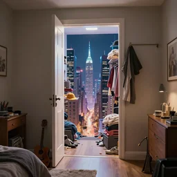 a home bedroom closet door opening a portal into another city!! mess bedroom, digital art, highly detailed, dynamic lighting, photorrealistic, trending on artstation, 8 k