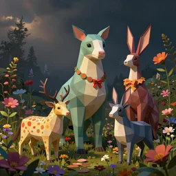 low poly, surreal hybrid animals, nostalgia for a fairytale, magic realism, flowerpunk, mysterious vivid colors by andy kehoe and amanda clarke en un mundo de Gediminas Pranckevicius