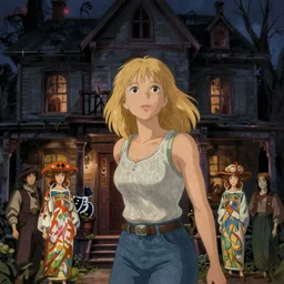 scene of a woman searching a haunted house, blonde, tank top, jeans, horror, film still, finely detailed features, perfect art, studio ghibli, trending on pixiv fanbox, painted by ilya kuvshinov and and krenz cushart and william - adolphe bouguereau and alphonse mucha