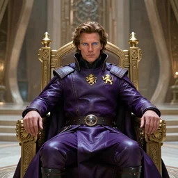 Establishing shot of Christopher Walken as Emperor Shaddam IV in Dune, with blue eye-sclera, wearing futuristic ornate purple regal leather uniform, with two golden-lion-emblems on uniform, sitting on a throne inside a futuristic cubist-Gaudi hall, intricately detailed, Houdini render, 8k