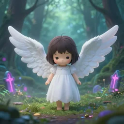 a very beautiful angel, with very large wings, ultra realistic, kawaii, cute, lost in the heart of the forests, by ghibli and atey ghailan, a neon graveyard, mist, fog