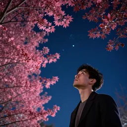 looking up nightsky pink tree leaves, jakub rozalski, high detail, dramatic lighting, nightsky, stars