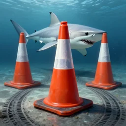 orange and white reflective traffic cone great white shark, tyre mark, wide shot, underwater background detailed atmospheric - ron cheng & alphonse mucha, highly detailed, digital painting, ray tracing, concept art, illustration, smooth sharp focus, intricate, symmetry, artstation,